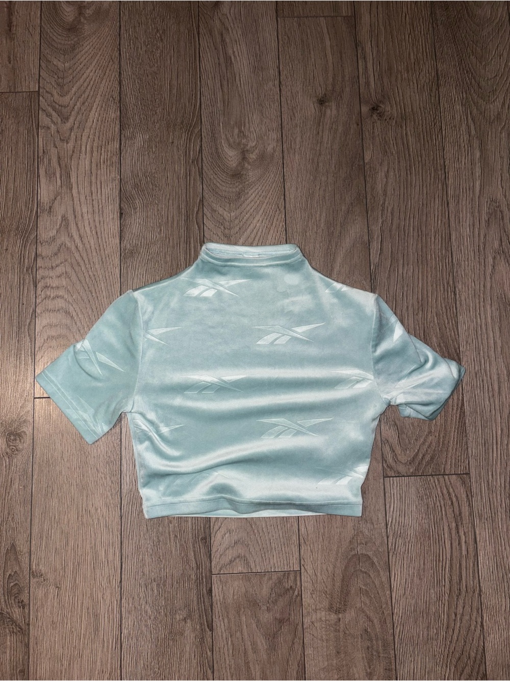 Reebok Cropped Velour Tee in Pale Aqua with Subtle Logos